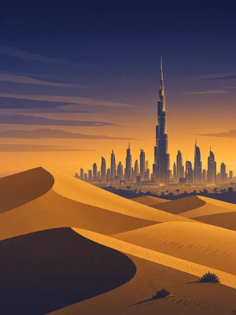 Illustration of Dubai skyline over dunes